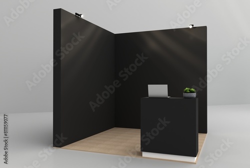 Empty stand or booth in a tradeshow. 3d render exhibition mockup. Virtual exhibition. Exhibition blue stand mockup and flat used for branding and Corporate identity.