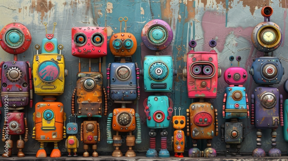 Fototapeta premium A group of colorful robots made of recycled materials