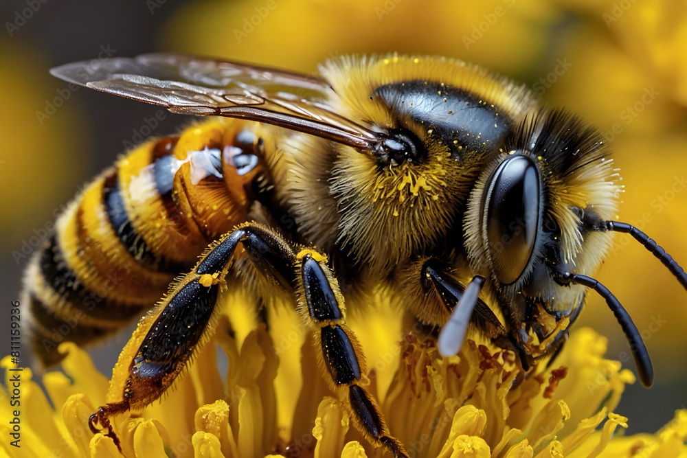 A close up of a bee with pollens A close up of a bee with pollens