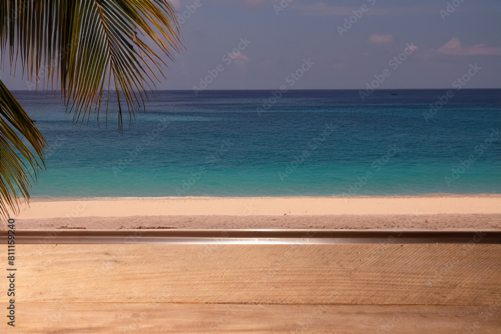 Closeup of beach with blue ocean water and a coconut tree 