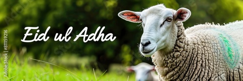 Sheep looking at the camera with text Eid ul Adha in a green background,