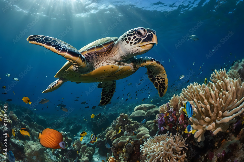 Obraz premium A sea turtle swimming elegantly under ocean
