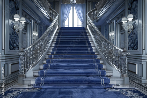 Opulent entrance hall with cobalt blue carpeted stairs bordered by an intricate silver railing and a plush velvet runner The grand setting is lit by a series of elegant sconces