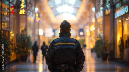 At a shopping mall, a security guard in black stands vigilant. Concepts Security Guard, Black Uniform, Vigilant, Shopping Mall, Authority Figures
