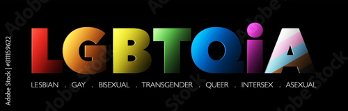 Colorful LGBTQIA Text Banner. 3D typography rainbow progress Pride color on black background. Vector template background. photo