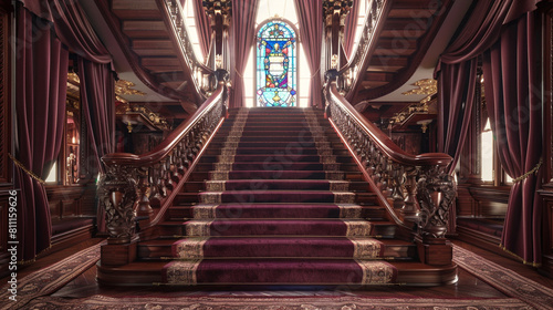 Opulent foyer with burgundy carpeted stairs ornate wooden balustrades and a detailed stained glass window at the landing Luxurious draperies frame the entrance