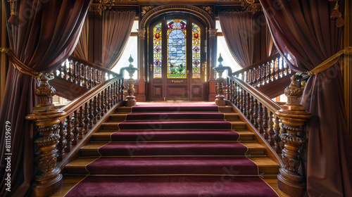 Opulent foyer with burgundy carpeted stairs ornate wooden balustrades and a detailed stained glass window at the landing Luxurious draperies frame the entrance photo