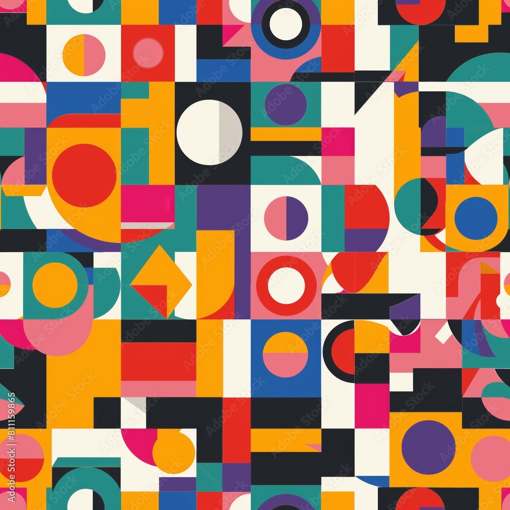This vibrant image features a seamless pattern of retro geometric shapes, showcasing a variety of colors and forms creating a striking pattern This vibrant image features a seamless pattern of retro geometric shapes, showcasing a variety of colors and forms creating a striking pattern