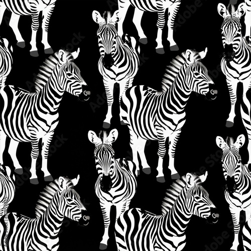 This image depicts a herd of zebras in a repeating monochrome pattern that is seamless and provides a striking visual contrast