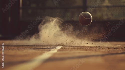 A close up of a tennis ball bouncing on a clay court with background.