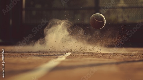 A close up of a tennis ball bouncing on a clay court with background. photo