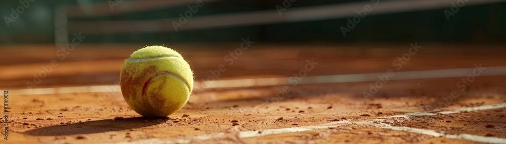 A close-up of a tennis ball on a clay court. The ball is green and yellow, and the court is made of red clay.