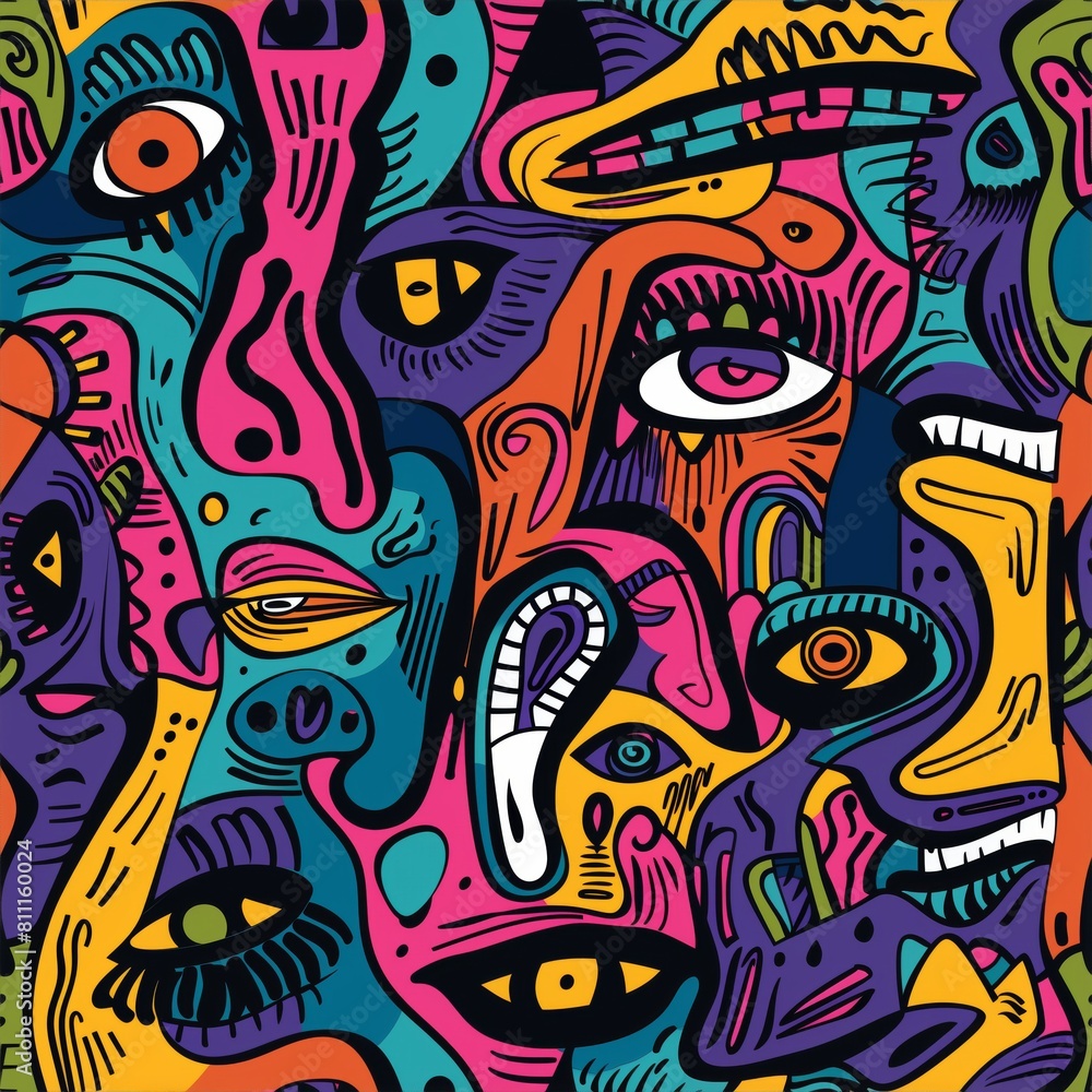 This bold seamless pattern featuring a series of playful, colorful faces is a celebration of diversity and human emotions in art form