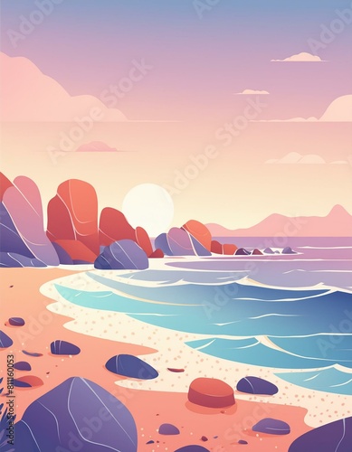 Rocky Shoreline Dusk - the moment on a rugged  rocky shoreline where the waves gently lap against the stones and boulders. 