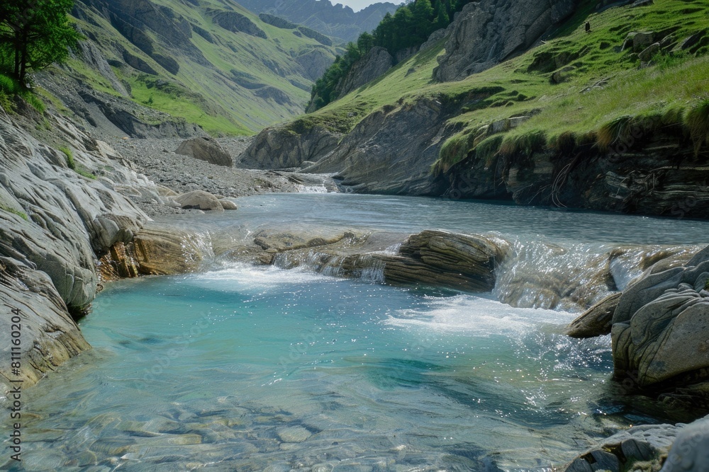 A picturesque stream flowing through a vibrant green valley. Ideal for nature and landscape themes A picturesque stream flowing through a vibrant green valley. Ideal for nature and landscape themes
