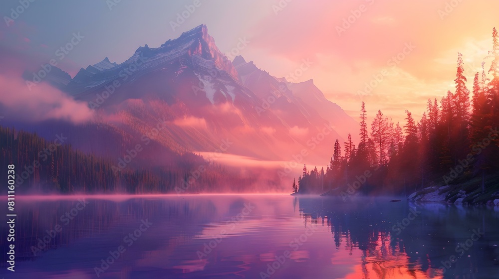 Serene mountain sunrise over misty lake with glowing pink and orange sky