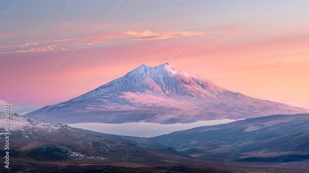 Tranquil dawn over snow-capped mountain peak - a serene nature display Tranquil dawn over snow-capped mountain peak - a serene nature display