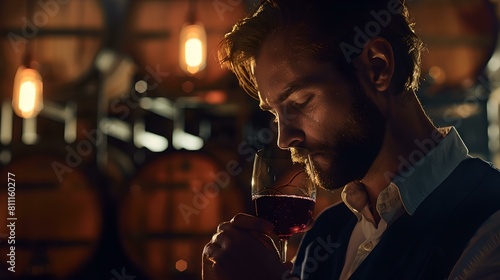 Elegant man enjoying fine wine in a rustic cellar amid oak barrels photo