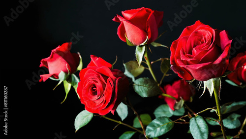 Red roses on a black background  studio light 16 9 with copyspace