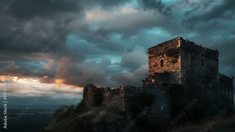 Majestic ancient castle on a cliff under brooding twilight sky Majestic ancient castle on a cliff under brooding twilight sky