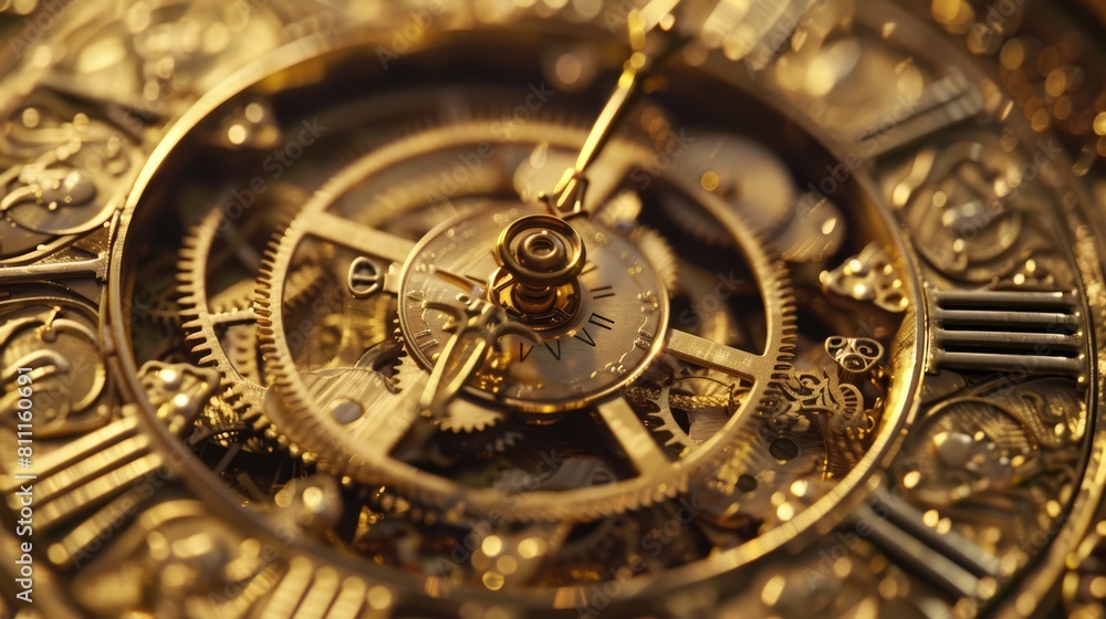 Detailed close-up of intricate watch mechanism. Macro shot with focus on gears and escapement. Timekeeping technology and precision engineering concept