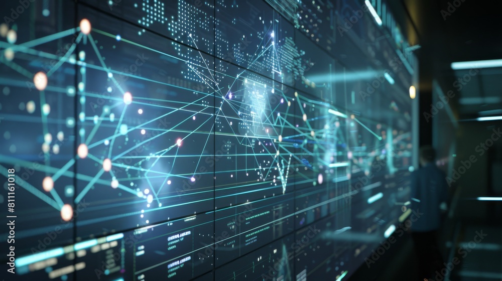 A digital screen displaying a dynamic network graph, showcasing interconnected relationships and data points for visualization. A digital screen displaying a dynamic network graph, showcasing interconnected relationships and data points for visualization.