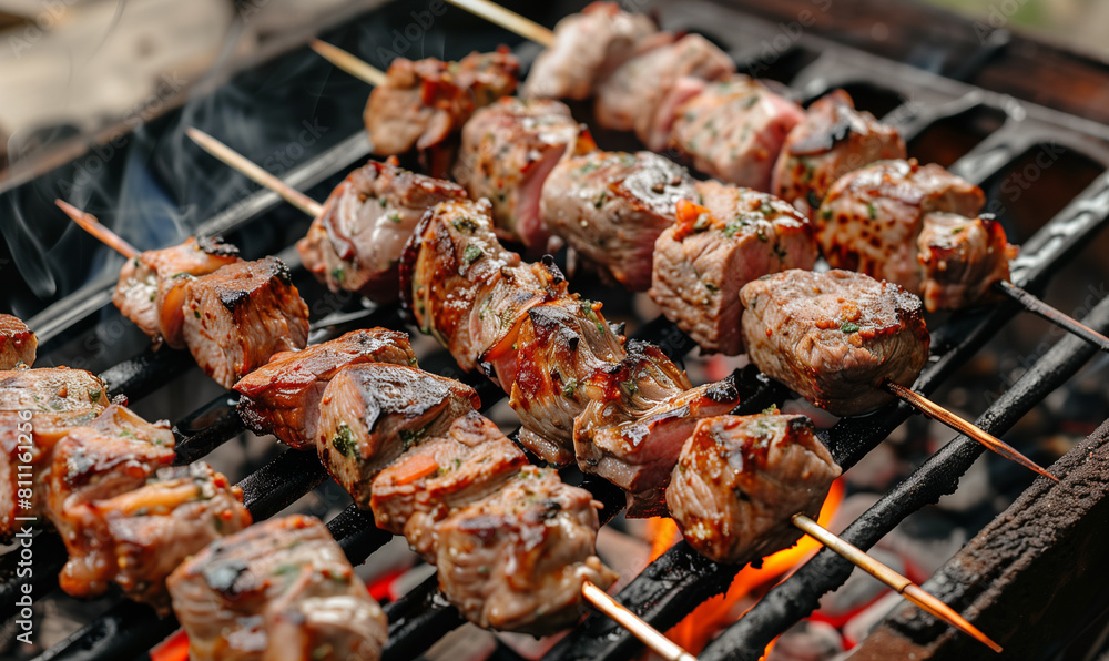 The outdoor kitchen becomes a place to prepare delicious meat dishes, stuck on sticks and grilled on hot coals. Juicy pieces of meat lightly brown, promising a tasty feast among nature. The outdoor kitchen becomes a place to prepare delicious meat dishes, stuck on sticks and grilled on hot coals. Juicy pieces of meat lightly brown, promising a tasty feast among nature.
