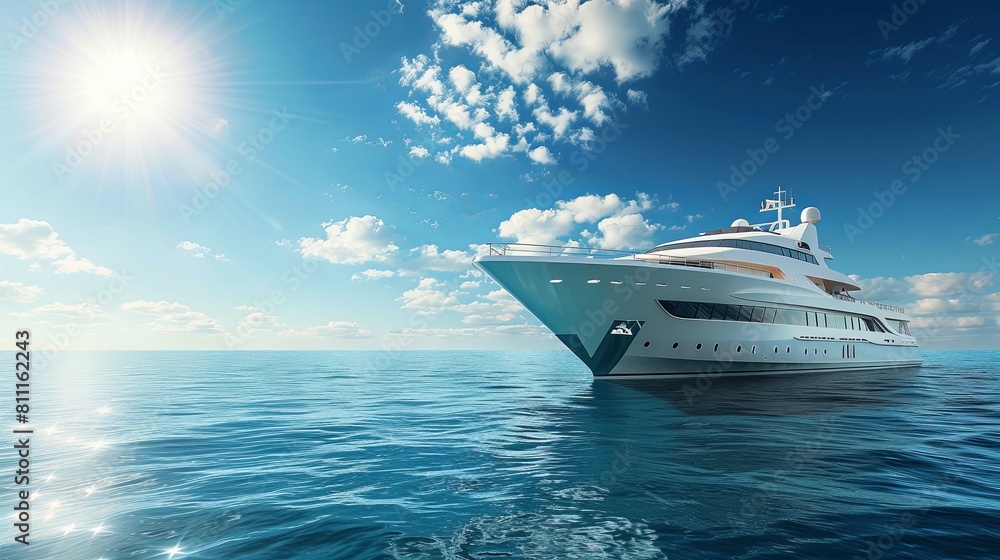 A large white yacht peacefully glides through the vast ocean, surrounded by nothing but water. Generative AI A large white yacht peacefully glides through the vast ocean, surrounded by nothing but water. Generative AI