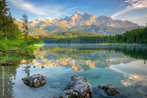 Background Peaceful. Breathtaking View of Zugspitze and Duck Pond at Eibsee Lake photo