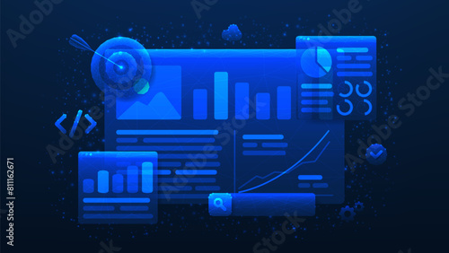 Concept banner of SEO Optimization. Web analytics and seo marketing social media. Polygonal vector illustration with analytics search information. Marketing social media concept. © Yaran