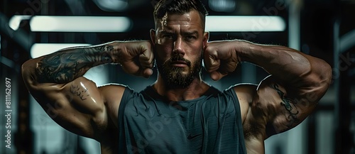 A muscular man in a gym flexes his arms, showcasing his tattoos and intense expression under dramatic lighting 5.