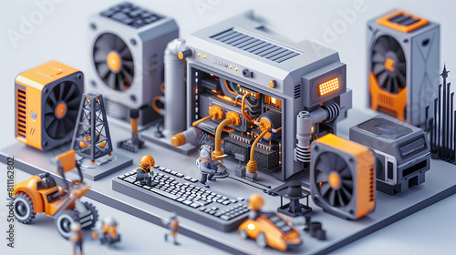 Cute 3D Crypto Miners at Work Operating Sophisticated Mining Rigs in High Tech Facility to Validate Blockchain Transactions in Isometric Scene