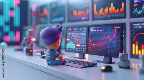 Isometric 3D Cute Icon: Crypto Trader Analyzing Market Sentiment with Advanced Software Tools in Dynamic Office Environment photo
