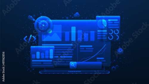 Modern banner of SEO Optimization. Web analytics and seo marketing social media. Polygonal vector illustration with analytics search information. Marketing social media concept. © Yaran