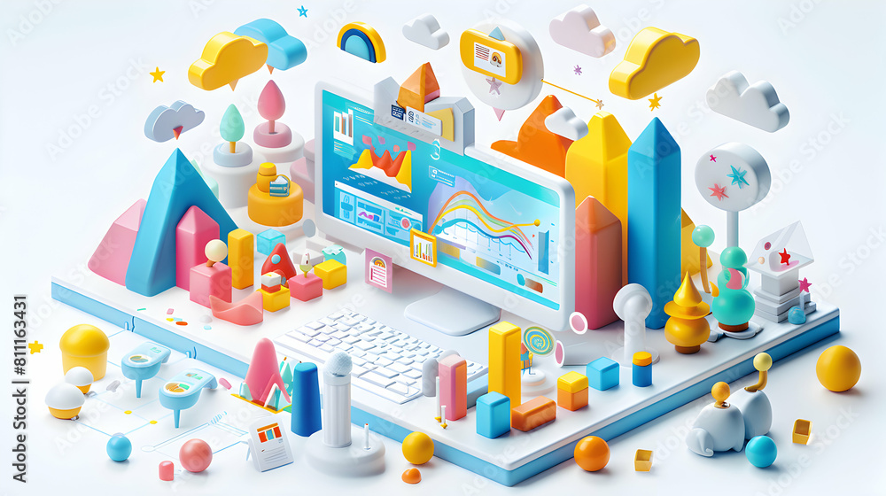 Isometric 3D Cute Icon: Digital Marketing Team Analyzing Campaigns for Future Optimization in Online Campaign Results Scene Isometric 3D Cute Icon: Digital Marketing Team Analyzing Campaigns for Future Optimization in Online Campaign Results Scene