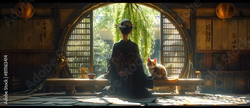 A serene scene in a traditional Japanese setting  featuring a woman in kimono gazing out a circular window  accompanied by a small cat 1.