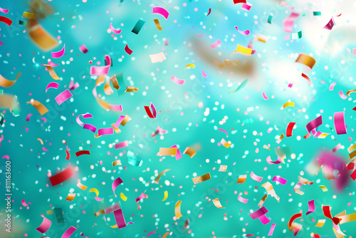 Playful confetti rain over a bright aquamarine background  providing a cool  inviting atmosphere in high resolution.