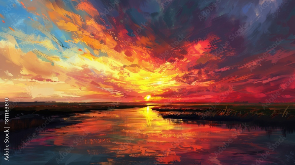A dramatic sunset over a wide river, with vibrant colors painting the sky and casting a warm glow over the serene waters below.