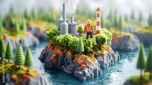 3D Cute Environmental Risk Management Icon: Scientist Conducts Field Surveys for Industrial Projects in Isometric Scene