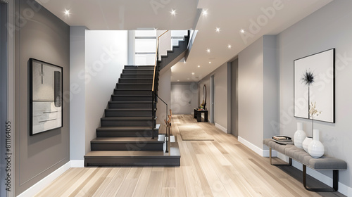 Reverse angle looking into a modern entrance with a charcoal grey staircase capturing the flow of light hardwood floors to the lofty ceiling Back-to-front perspective