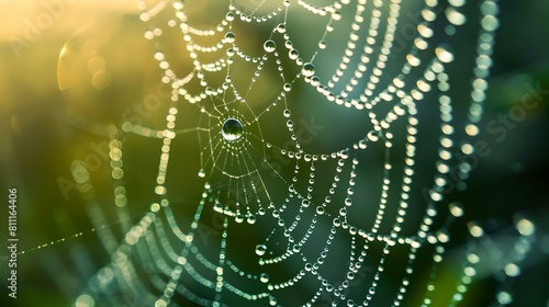 Glistening dew drops on spiderweb in morning light - a study of nature's artistry