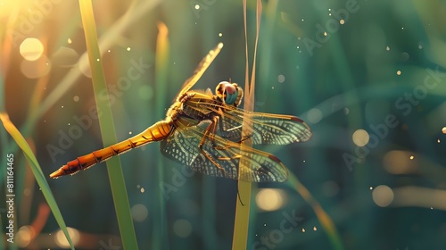 Majestic dragonfly resting on dewy grass at sunrise, nature's elegance captured