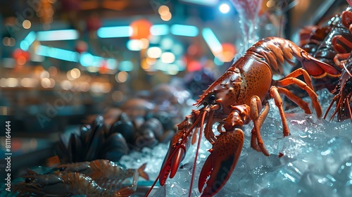 Fresh lobster on ice at a seafood market, vibrant nighttime setting photo