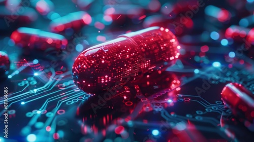 Red and blue pills on top of a circuit board photo