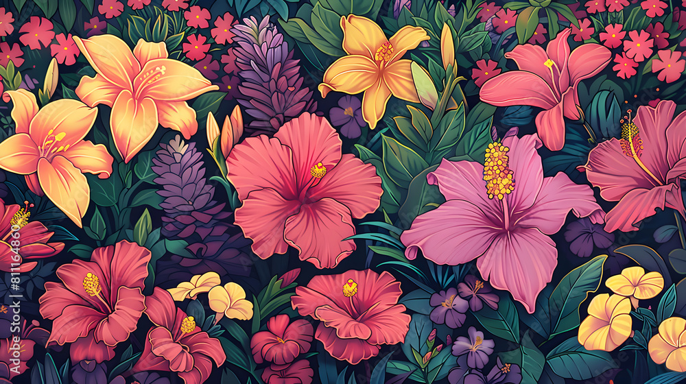 Colorful flowers in full bloom with dense foliage Colorful flowers in full bloom with dense foliage