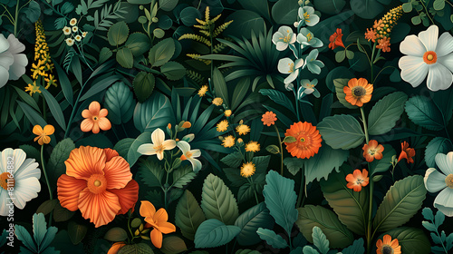 Colorful illustration of a dense  lush floral pattern with vario