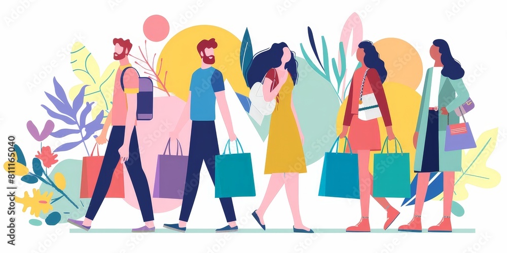 A group of people are walking down a street, each carrying a shopping bag. The scene is lively and bustling, with people of different ages and genders. Concept of community and shared experience A group of people are walking down a street, each carrying a shopping bag. The scene is lively and bustling, with people of different ages and genders. Concept of community and shared experience