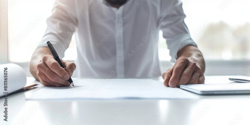 A man is writing with a pen on a piece of paper. Concept of focus and concentration as the man carefully writes A man is writing with a pen on a piece of paper. Concept of focus and concentration as the man carefully writes
