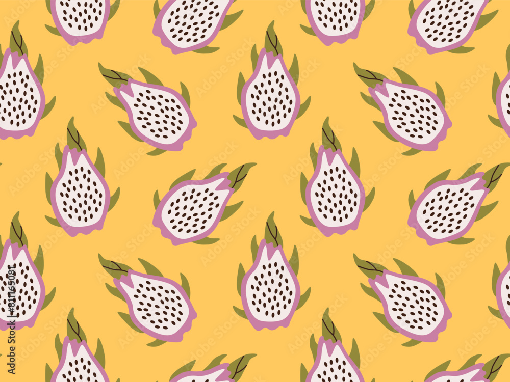 Seamless pattern of dragon fruits, pitaya on orange background. Exotic tropical pitayas. Great for prints, cards. Seamless pattern of dragon fruits, pitaya on orange background. Exotic tropical pitayas. Great for prints, cards.