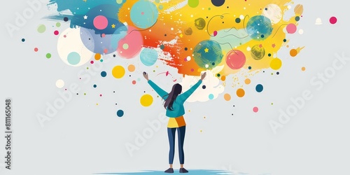 A woman is standing in front of a colorful explosion of circles. She is holding her arms up in the air, as if she is celebrating or expressing joy. Concept of happiness and excitement